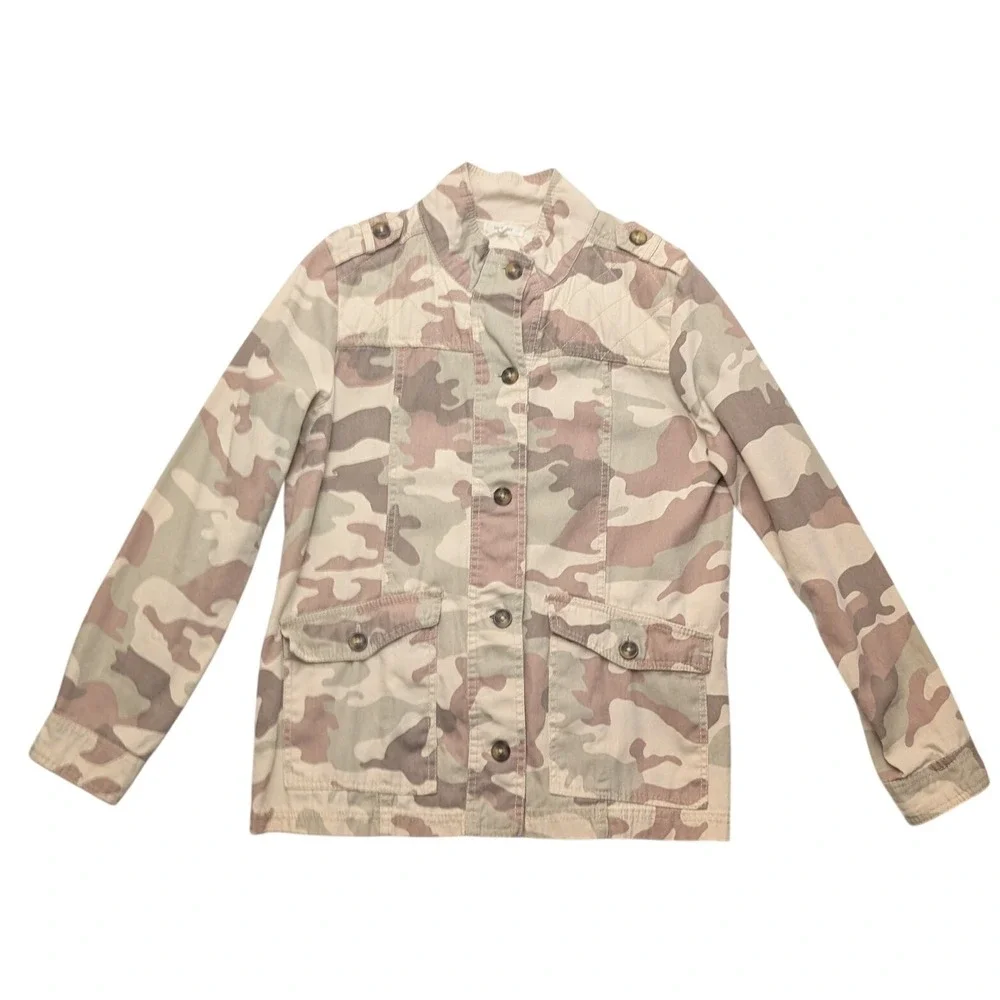 Maurices Camo Utility Jacket Womens Medium Tan Brown Military Cargo Field Coat